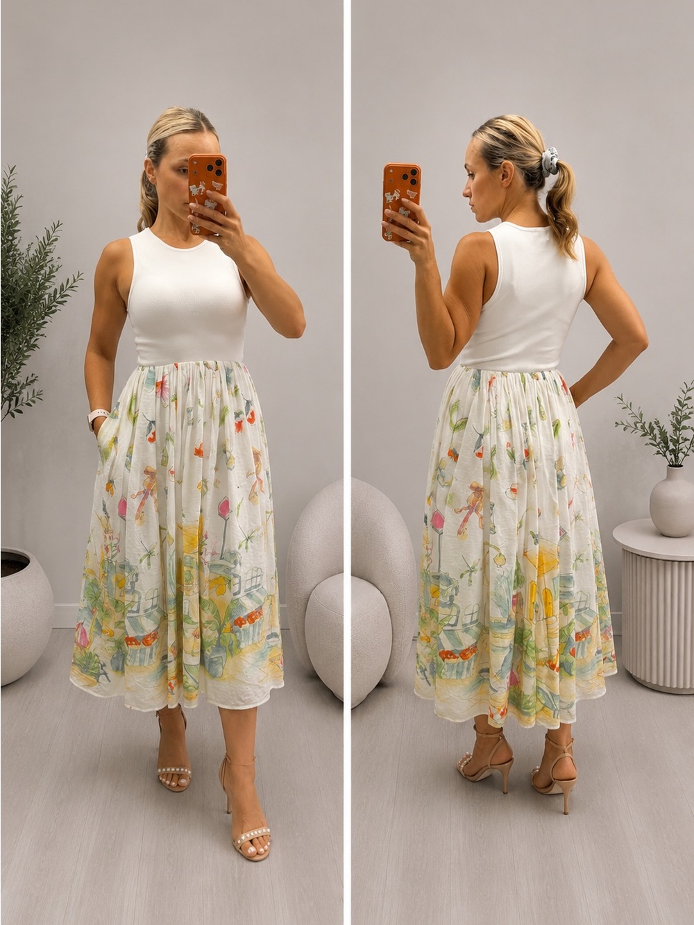 Moon River Tuckernuck Anouk Tank Garden Resort Print Midi Dress White Size M